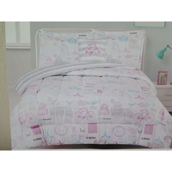 Chloe & Bella TWIN 3 Piece Comforter Set Paris Eiffel Tower Bicycle Pink Blue - Picture 7 of 12